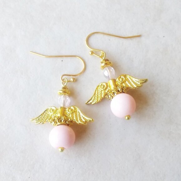 ๐๐๐ 3/$25!!! Guardian Angel Earrings! Gold & Pink Angels Wings! Blessings! - Picture 1 of 8